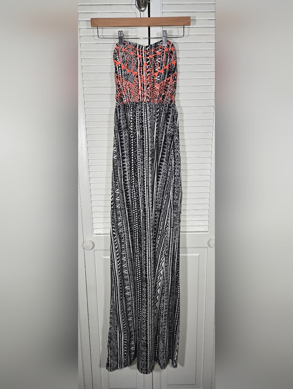 Maurices Smocked Strapless Orange Embroidered Black White Geo Tribal Boho Maxi S